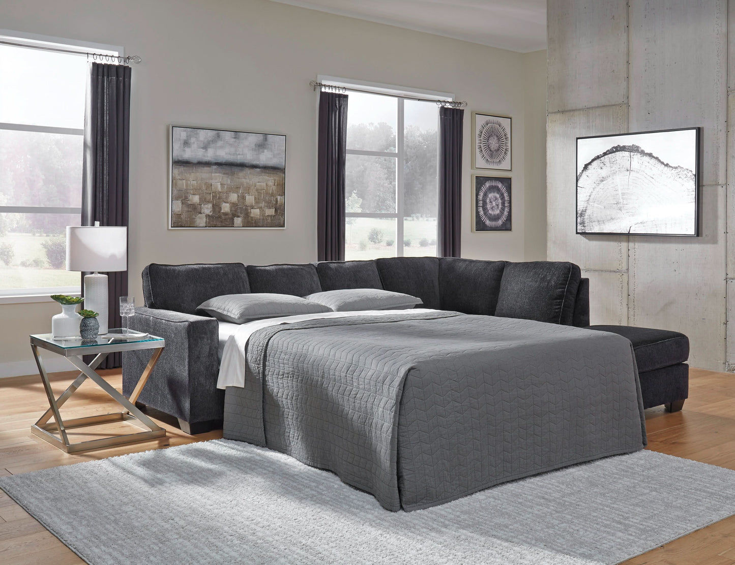 Astor Right Hand Facing Chenille Chaise Sofa Bed in Slate - Chocolate Wood