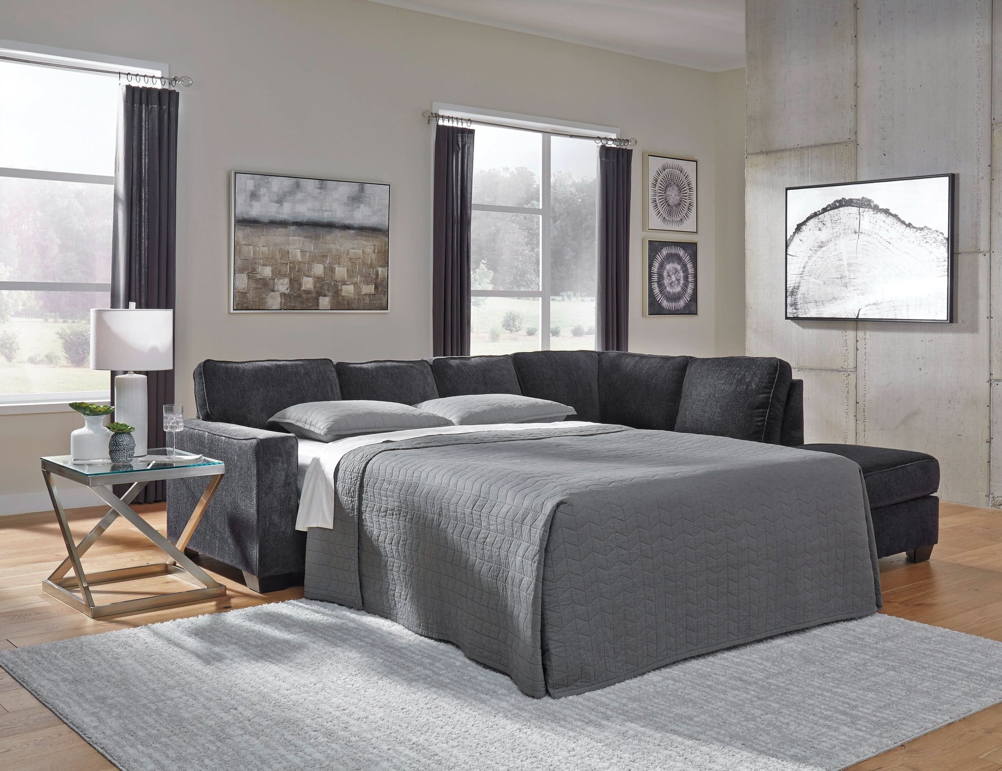 Astor Right Hand Facing Chenille Chaise Sofa Bed in Slate - Chocolate Wood