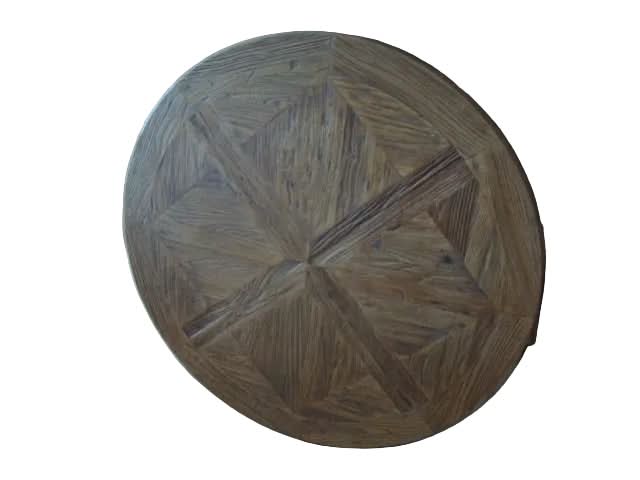 QUENTIN ROUND PARQUETRY DINING TABLE IN RECYCLED ELM & IRON  140CM DIAMETER - MyChocolateWood