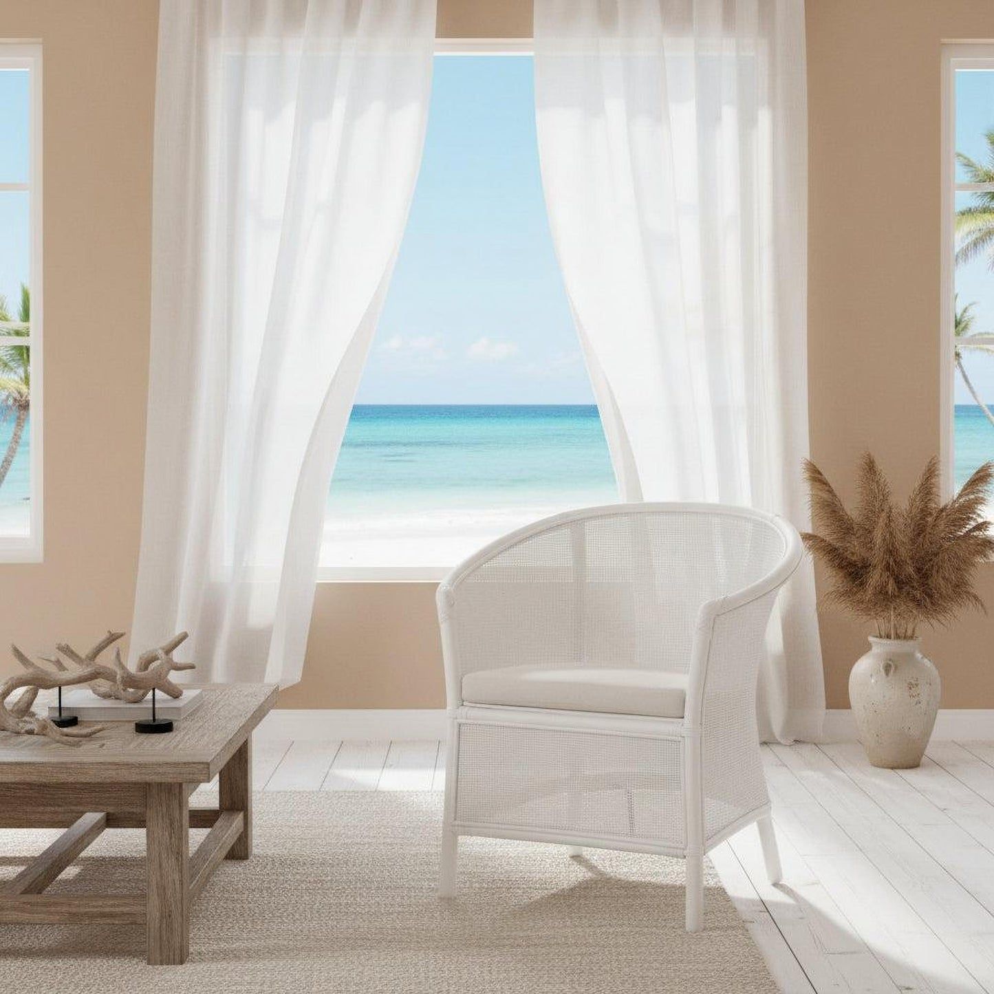 Galileo Rattan Armchair / Lounge Chair in White - Chocolate Wood