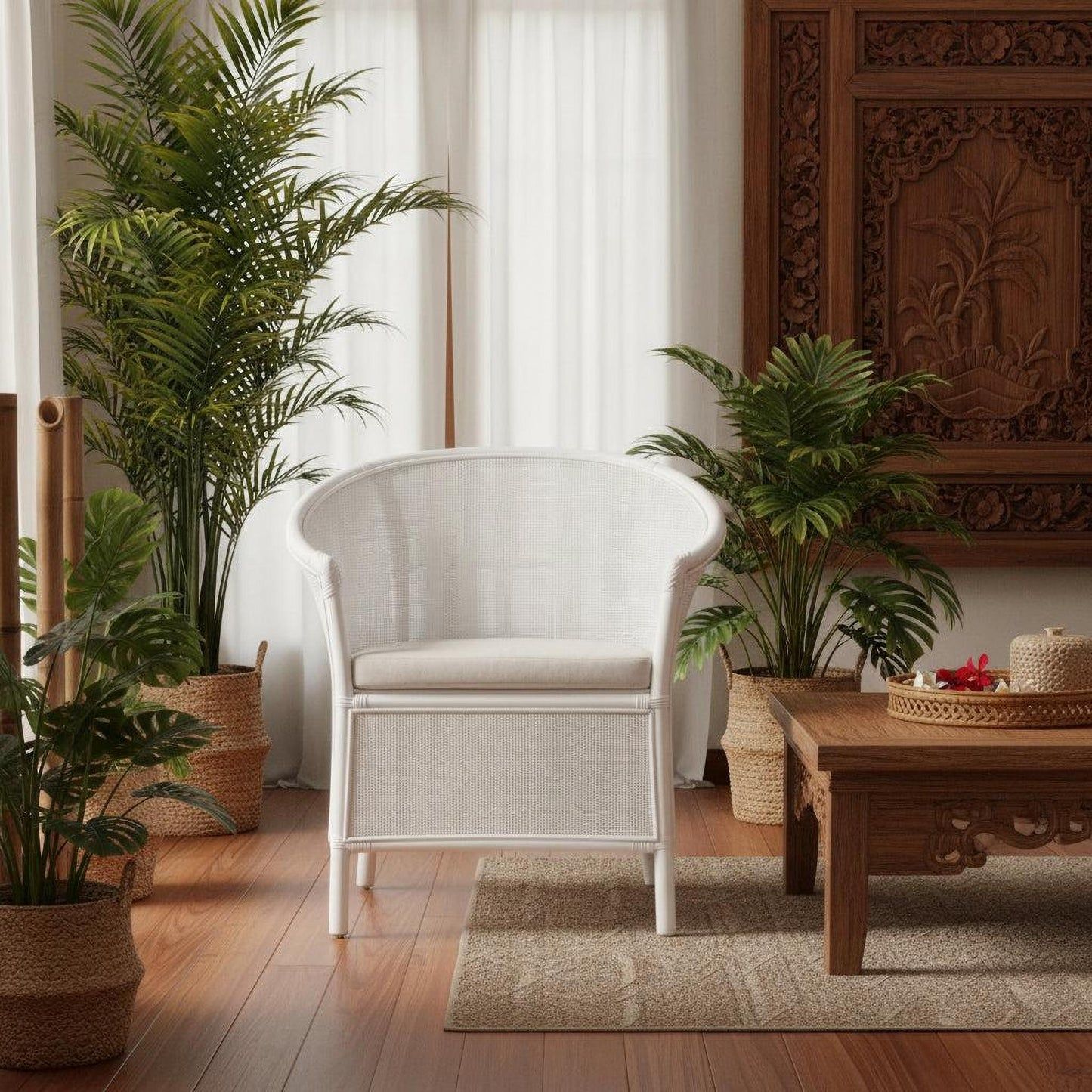 Galileo Rattan Armchair in White - Chocolate Wood