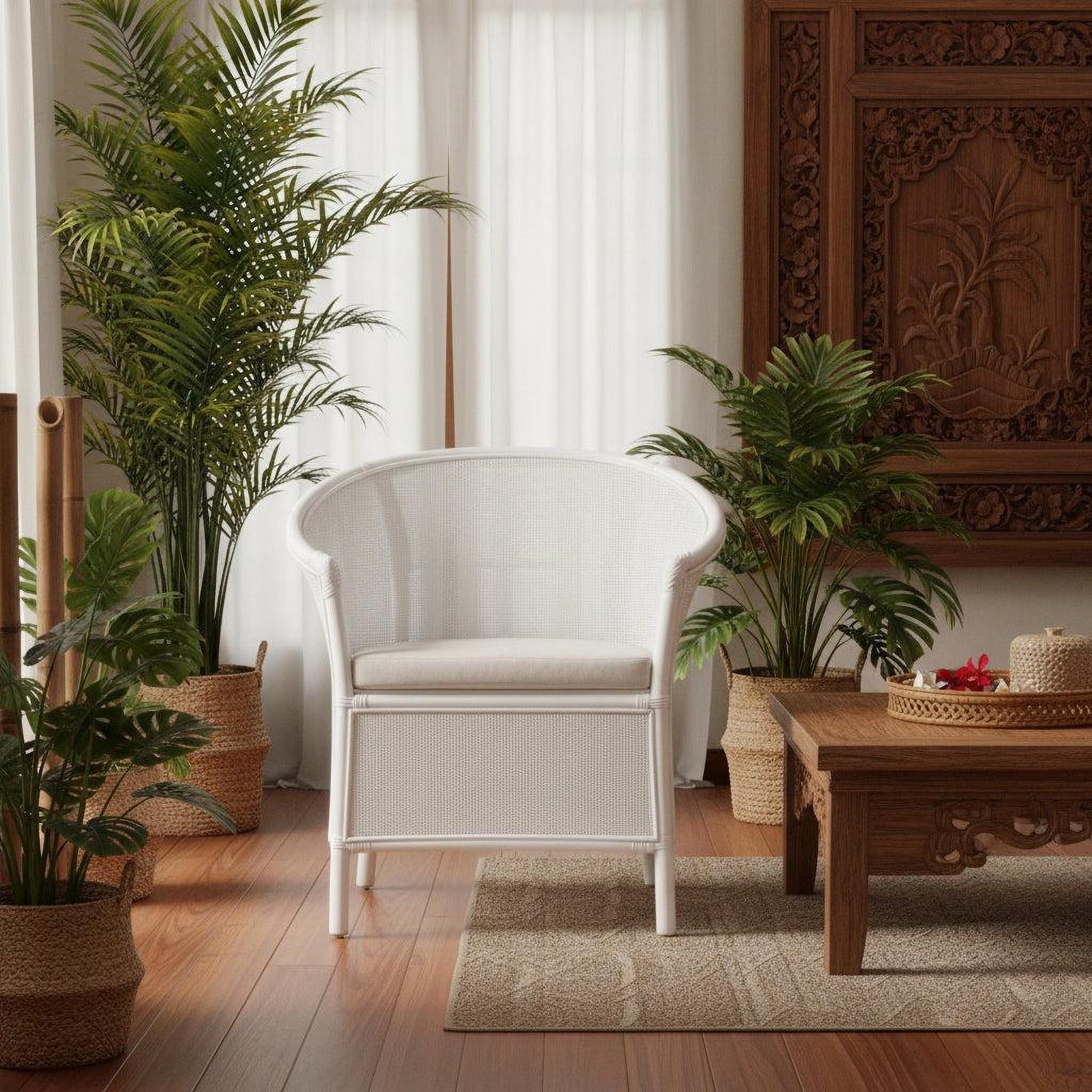Galileo Rattan Armchair in White - Chocolate Wood