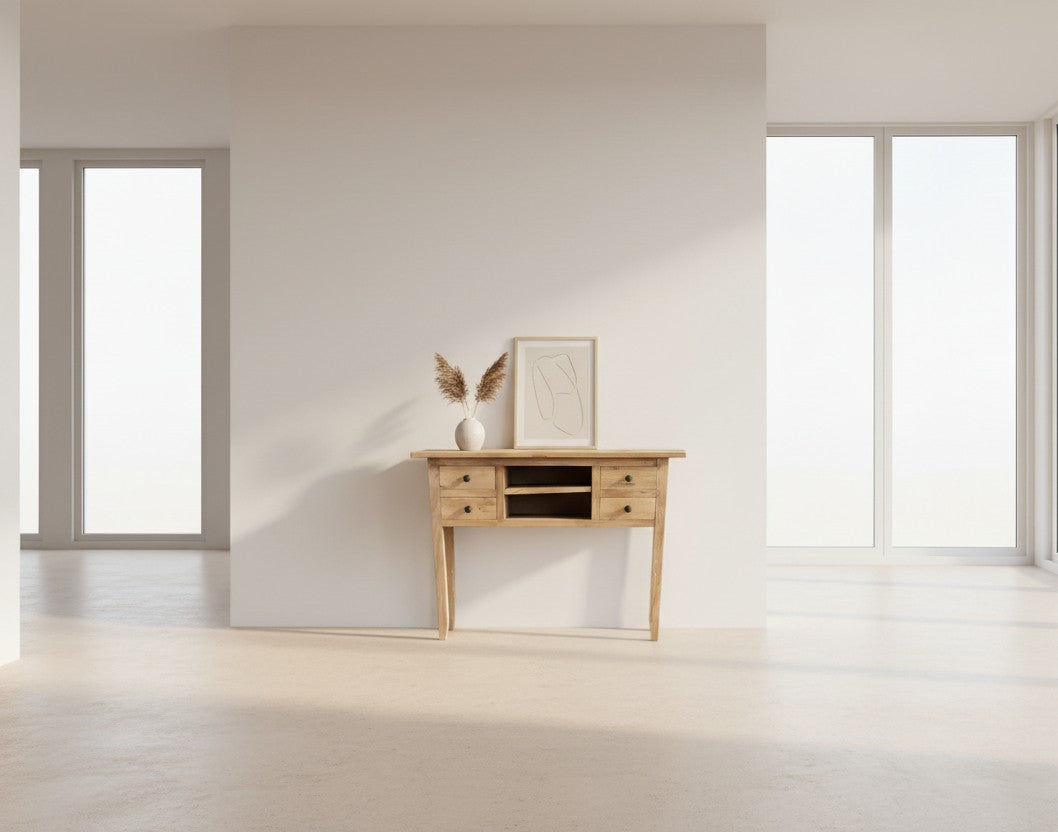 DAGENHAM RUSTIC RECYCLED ELM RUSTIC HALL TABLE/CONSOLE 4 DRAWERS/2 SHELVES NATURAL - MyChocolateWood