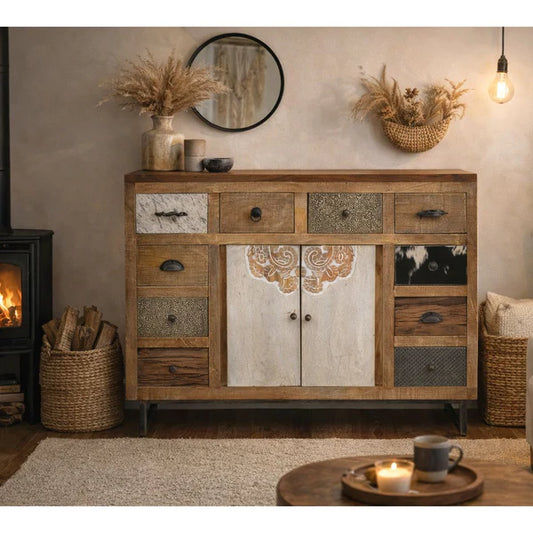 COWHIDE & MANGO HARDWOOD CHEST OF 10 DRAWERS 2 DOORS BOHO PATCHWORK BEACHSIDE HAMPTONS - MyChocolateWood