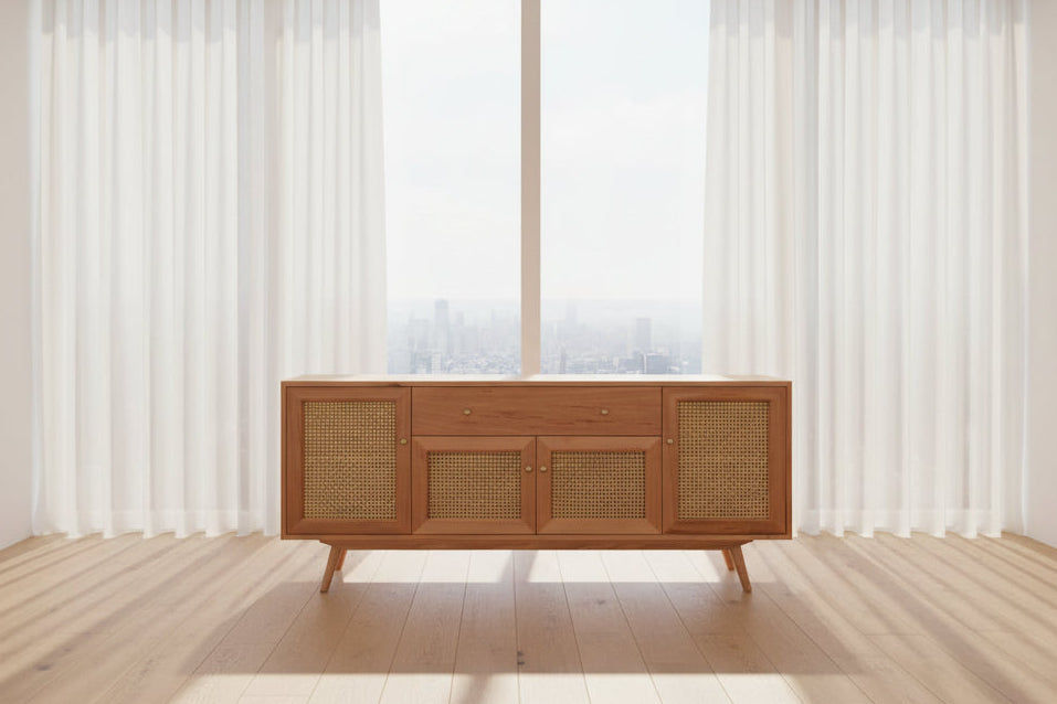 HADLEIGH OAK & RATTAN 1 DOOR 4 DRAWER SIDEBOARD BUFFET NATURAL - MyChocolateWood