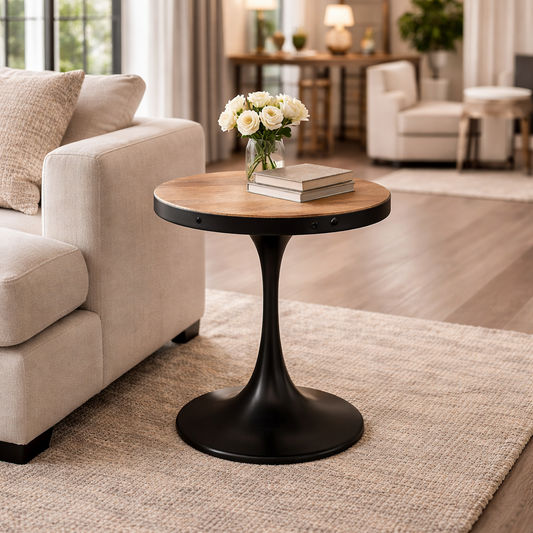 QUENTIN ROUND SIDE TABLE/LAMP TABLE IN RECYCLED ELM & IRON