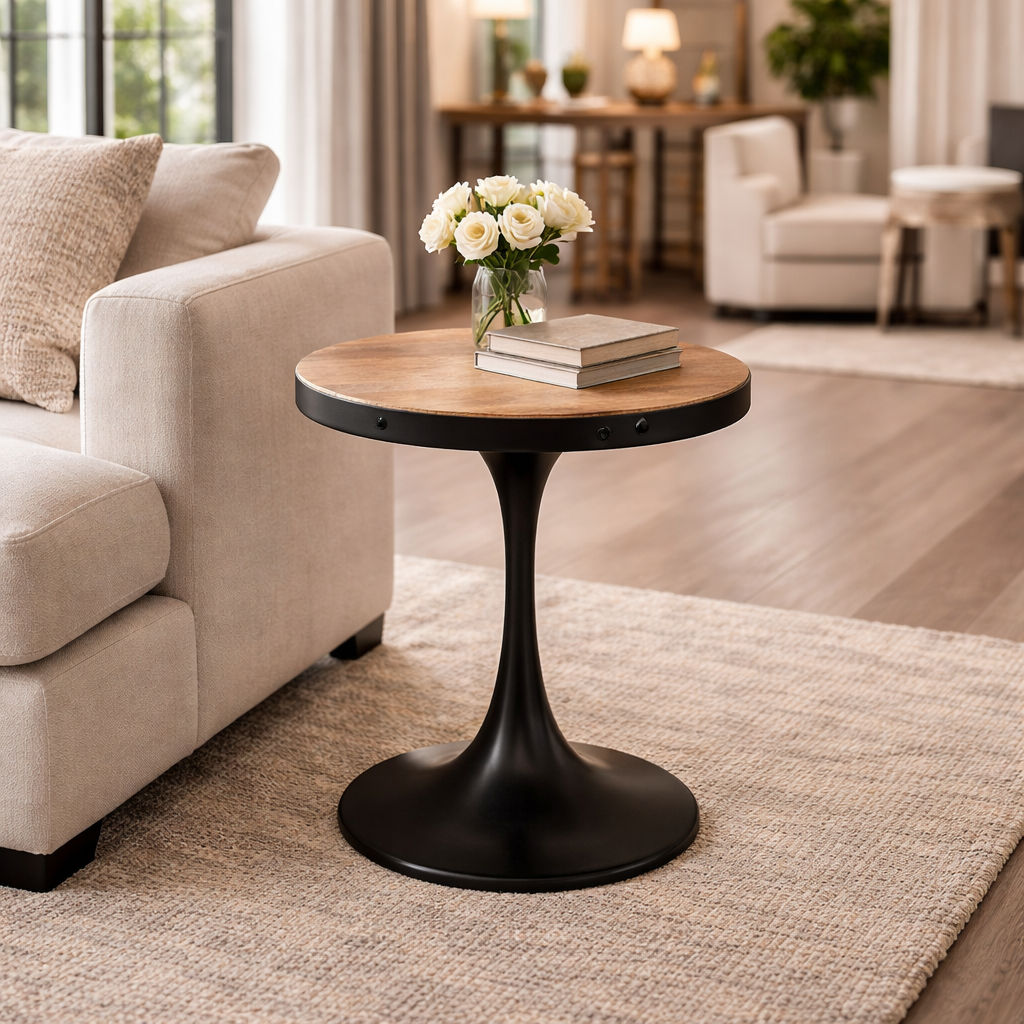 QUENTIN ROUND  SIDE TABLE/LAMP TABLE IN RECYCLED ELM & IRON - MyChocolateWood