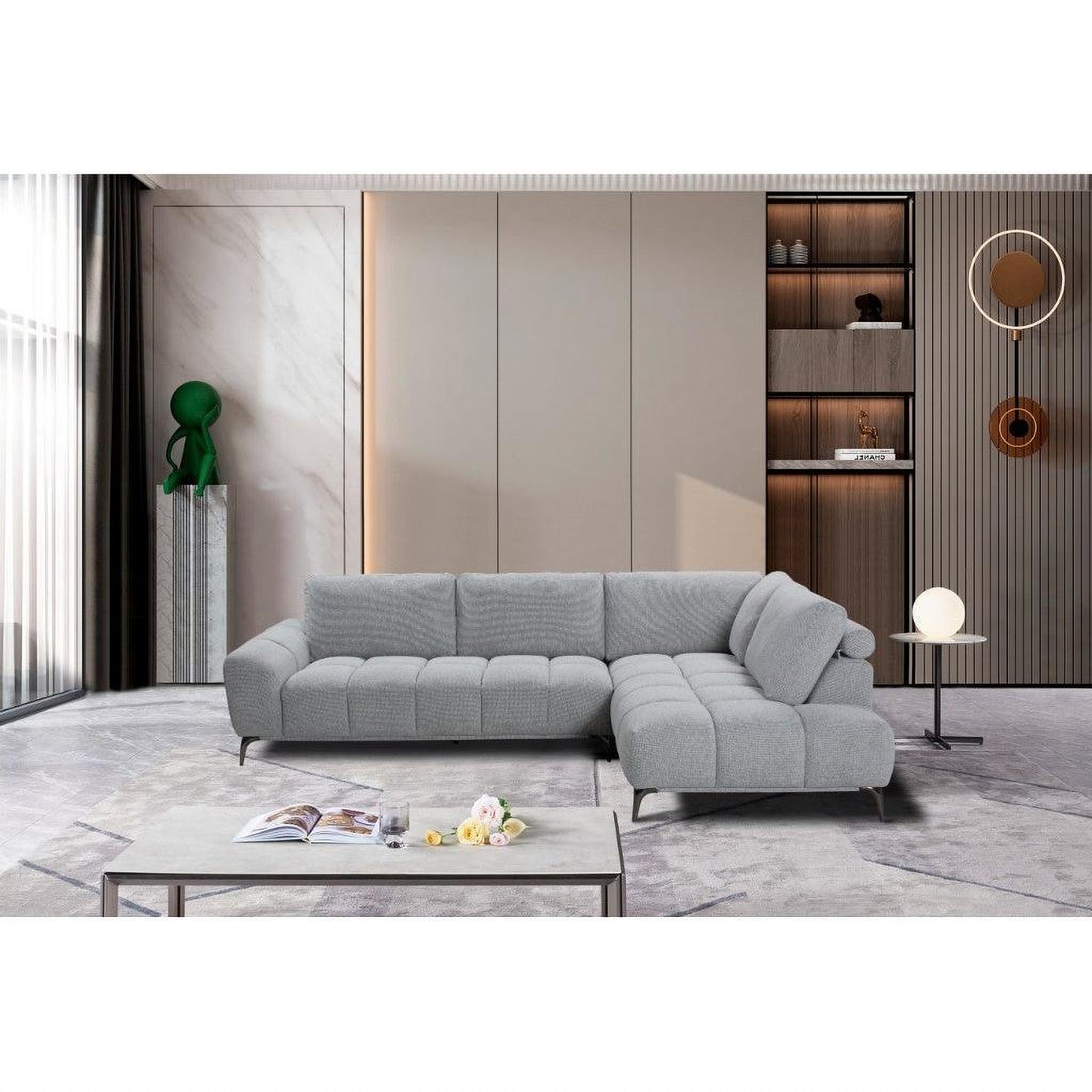 Emilia Fabric 3-Seater Sofa with RHF Chaise in Slate - Chocolate Wood