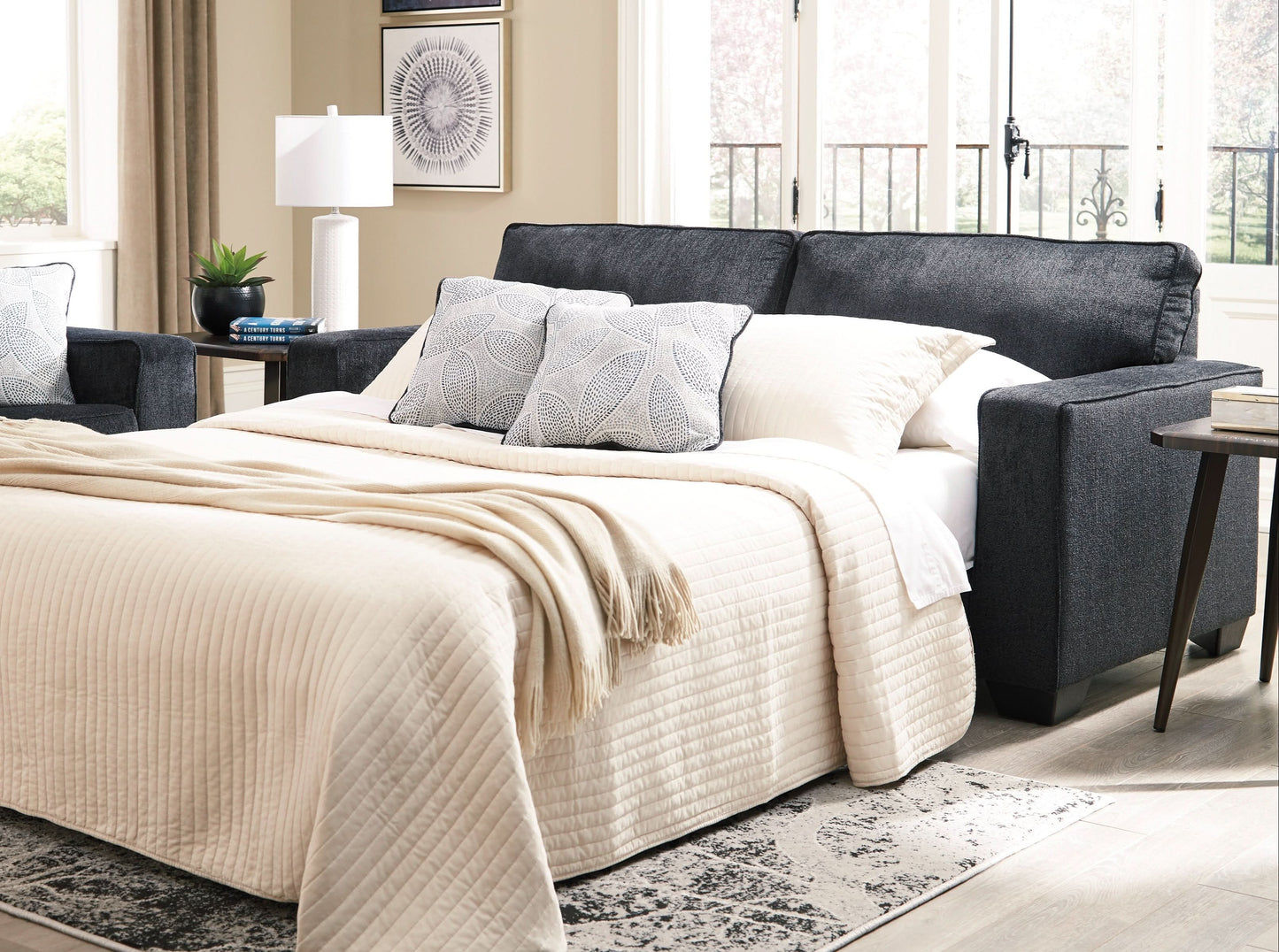 Astor 3-Seater Chenille Sofa Bed in Slate - Chocolate Wood