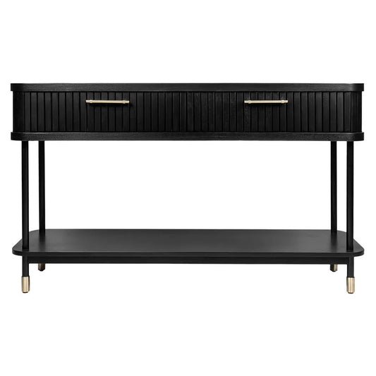 Black Pembroke oak timber 2-drawer console table from MyChocolateWood, featuring a sleek hall table design with modern finish.