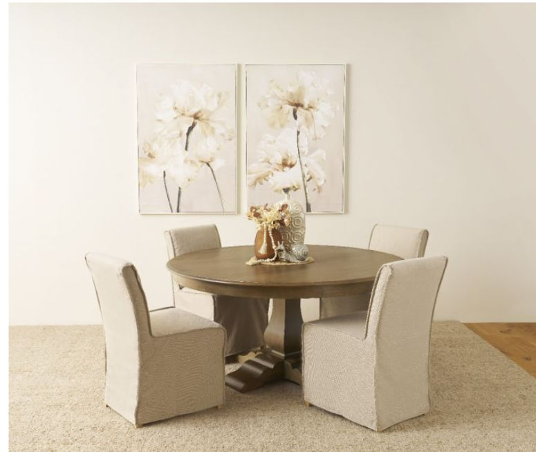 BECKETT HAMPTON STYLE SOLID MAHOGANY ROUND TRESTLE DINING TABLE IN STRAW WASH 152CM - MyChocolateWood