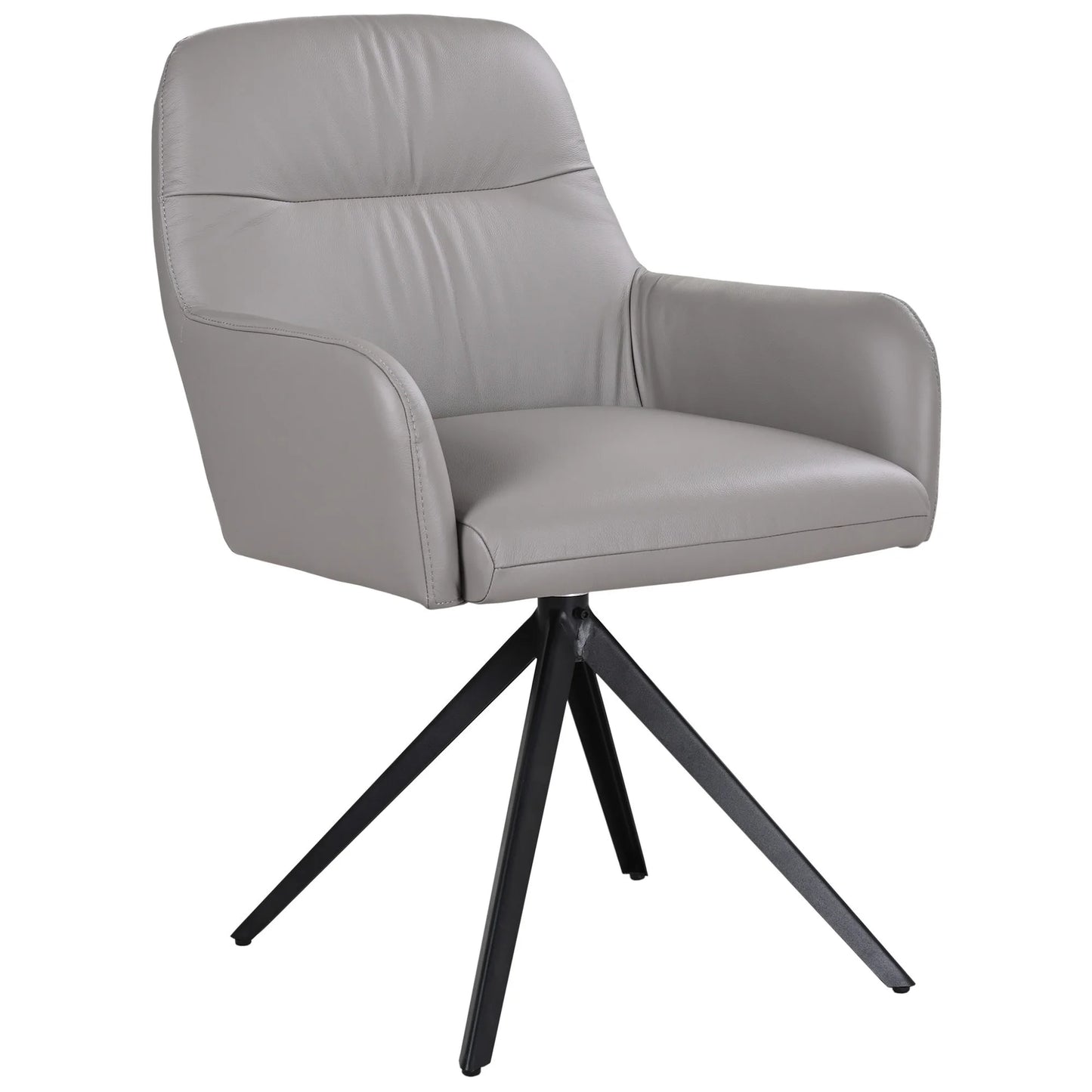 Grey and black leather swivel dining armchair with a modern design, featuring a sturdy base and comfortable seat.