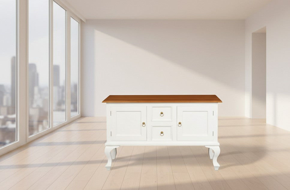 STEWART QUEEN ANN STYLE SOLID MAHOGANY 2 DOORS 2 DRAWERS SOFA TABLE IN WHITE/CARAMEL130CM - MyChocolateWood