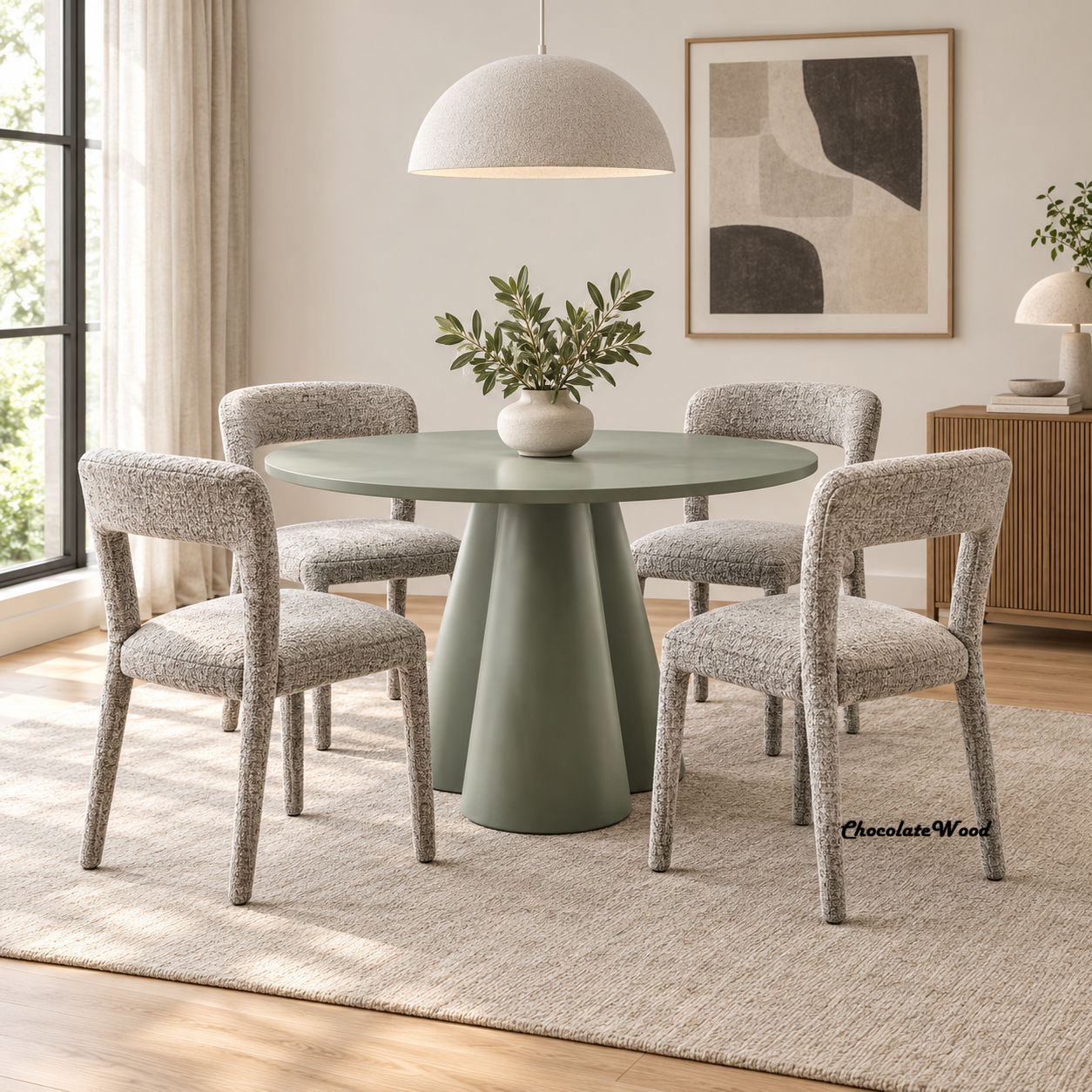 Channing 5-Piece Dining Set —  Round Dining Table Army Green 120cm & 4 Channing  Oat Coloured Dining Chairs