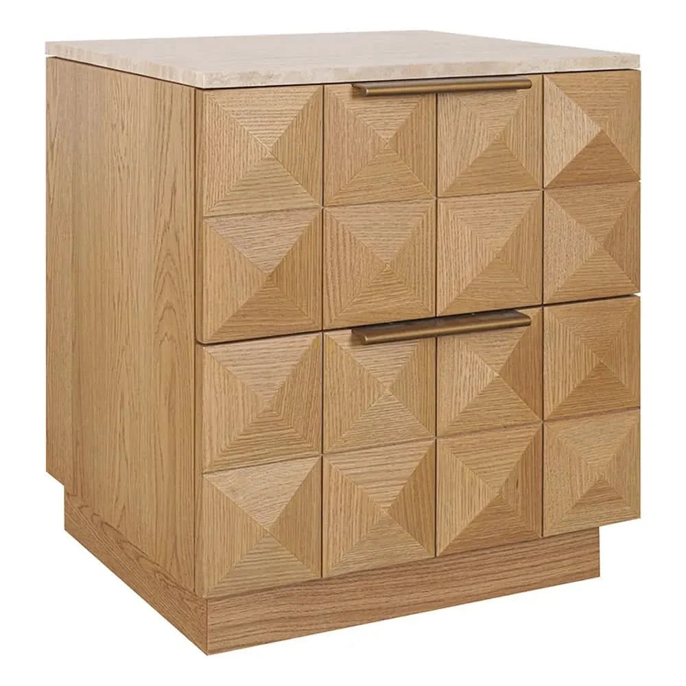 Hampshire 2-Drawer Bedside Table in Natural Oak with Travertine Top - Chocolate Wood
