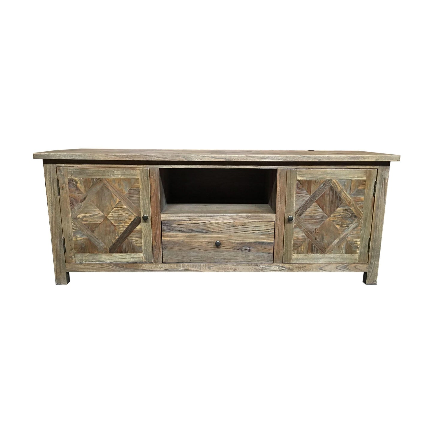 TREMAYNE RECYCLED ELM RUSTIC TV UNIT 1 DRAWER/2 DOORS PARQUETRY PATTERN 150CM - MyChocolateWood