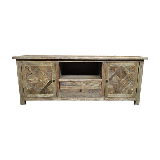 TREMAYNE RECYCLED ELM RUSTIC TV UNIT 1 DRAWER/2 DOORS PARQUETRY PATTERN 150CM - MyChocolateWood