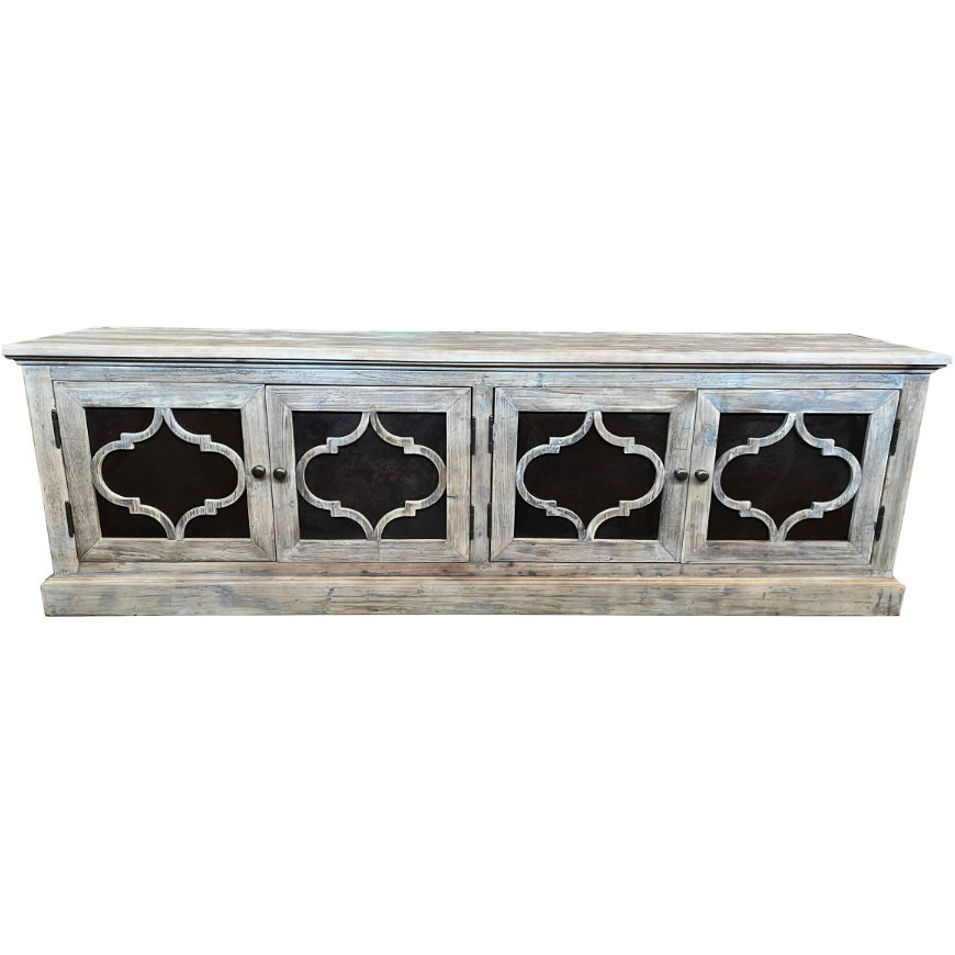 REINA GREYWASHED RECYCLED TIMBER/HERITAGE METAL PANELS 4-DOOR ETU TELEVISION UNIT - MyChocolateWood