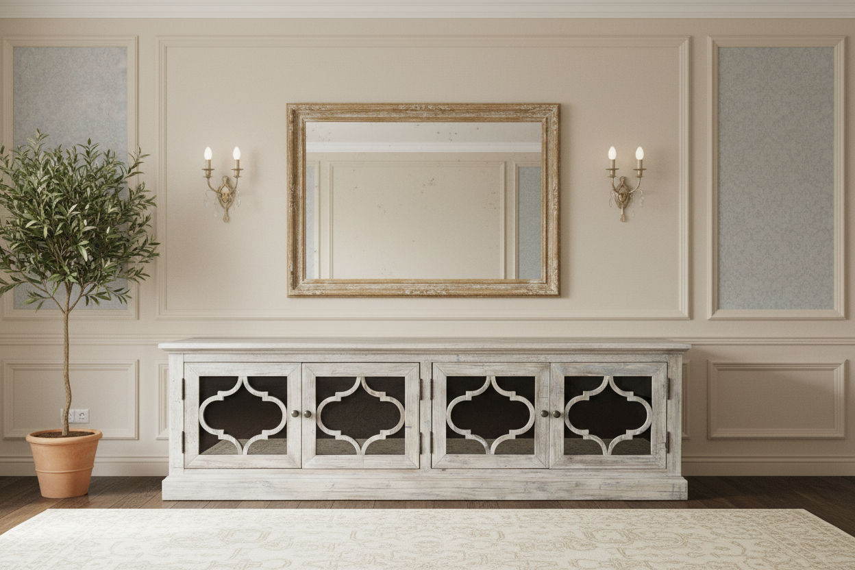Reina Greywashed Recycled Timber 4-Door TV Unit with Heritage Metal Panels - Chocolate Wood