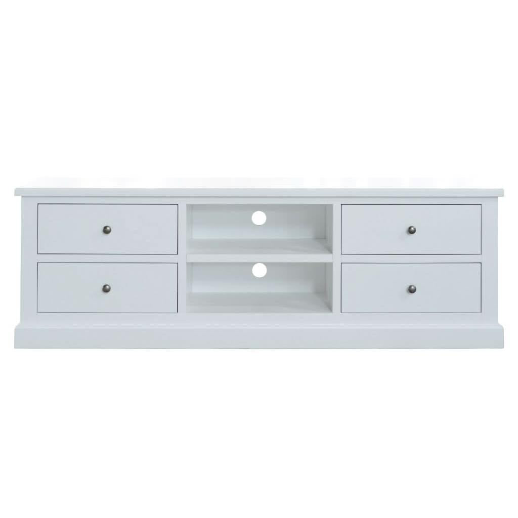 White Sherborne Acacia Wood TV unit with four drawers from MyChocolateWood, featuring a sleek modern design.
