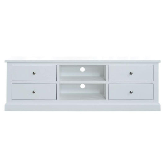 White Sherborne Acacia Wood TV unit with four drawers from MyChocolateWood, featuring a sleek modern design.