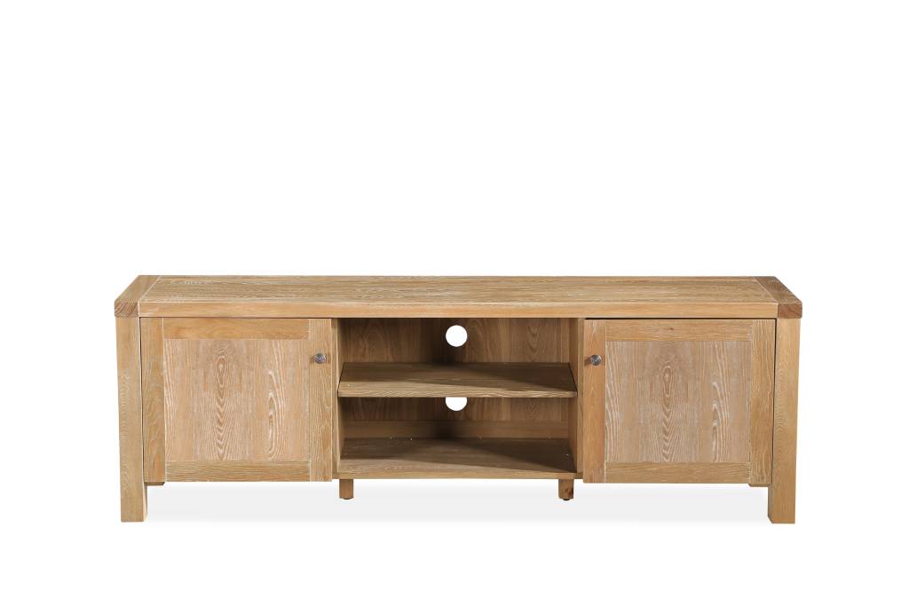 Large natural wash FERDI Elm veneer MDF TV unit with spacious storage, modern design, and clean lines from MyChocolateWood.