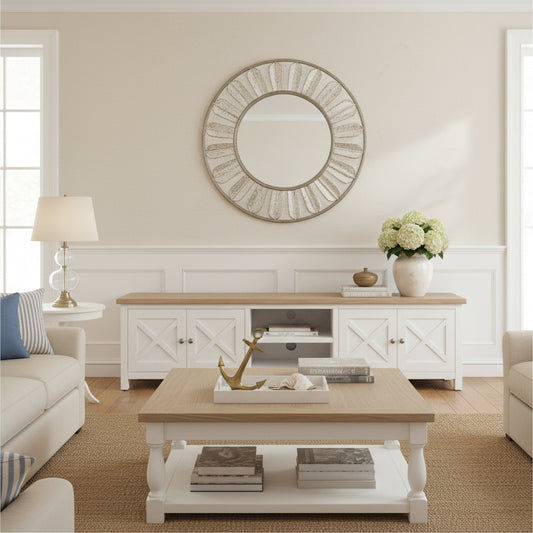 CHRISTA HAMPTON SOLID ACACIA LARGE 4-DOOR 2 NICHE TV UNIT LIGHT OAK TOP/WHITE BASE 210CM - MyChocolateWood