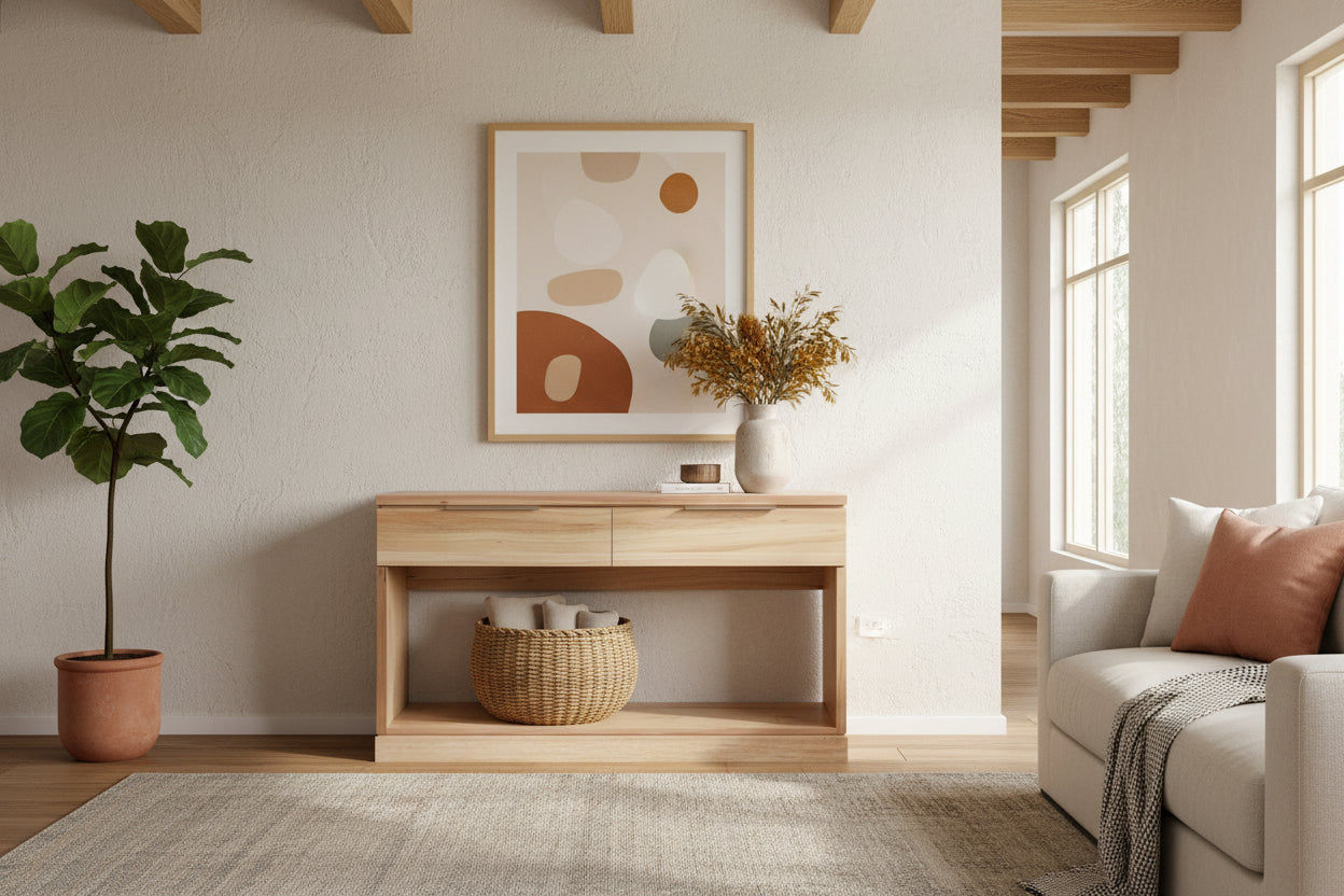 BELSIZE MESSMATE 2-DRAWER TIMBER CONSOLE TABLE/HALL TABLE - NATURAL - MyChocolateWood