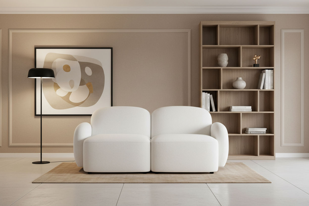 Lorelei 2-Seater Modular Chenille Sofa in White - Chocolate Wood