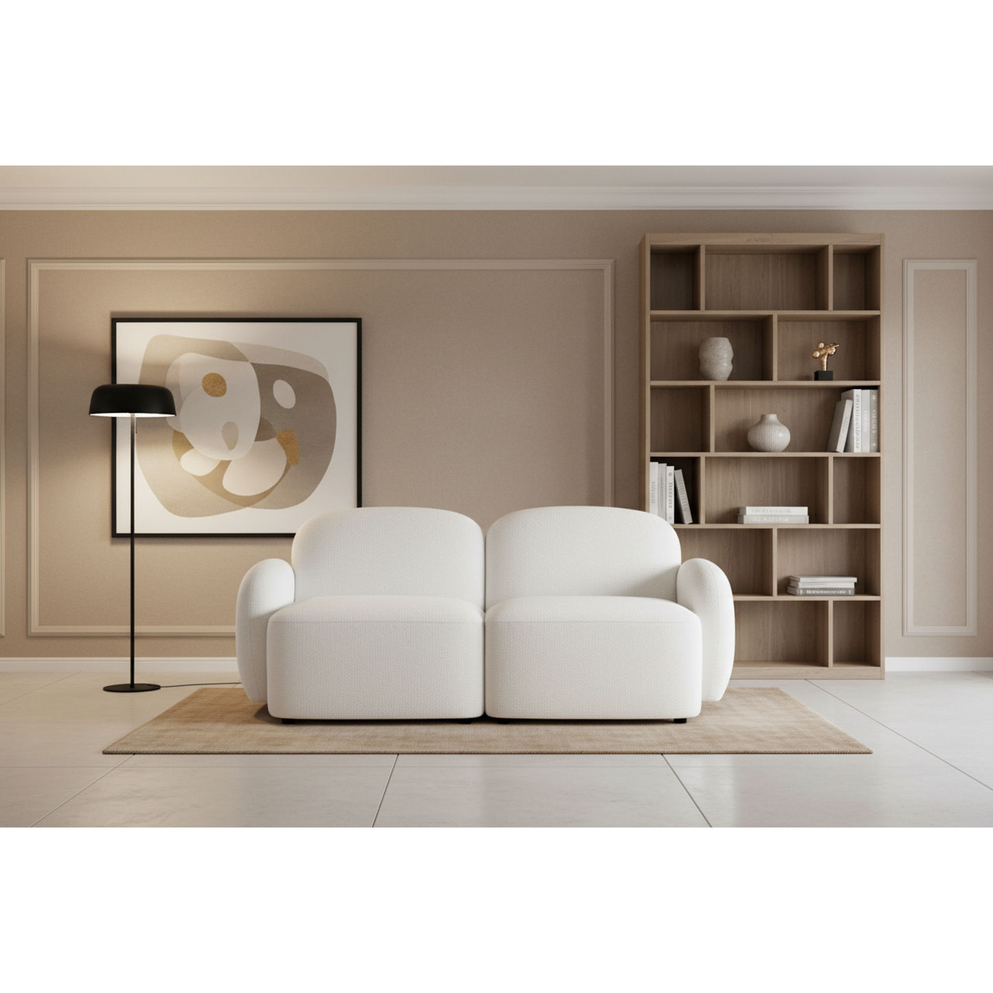 Lorelei 2-Seater Modular Chenille Sofa in White - Chocolate Wood