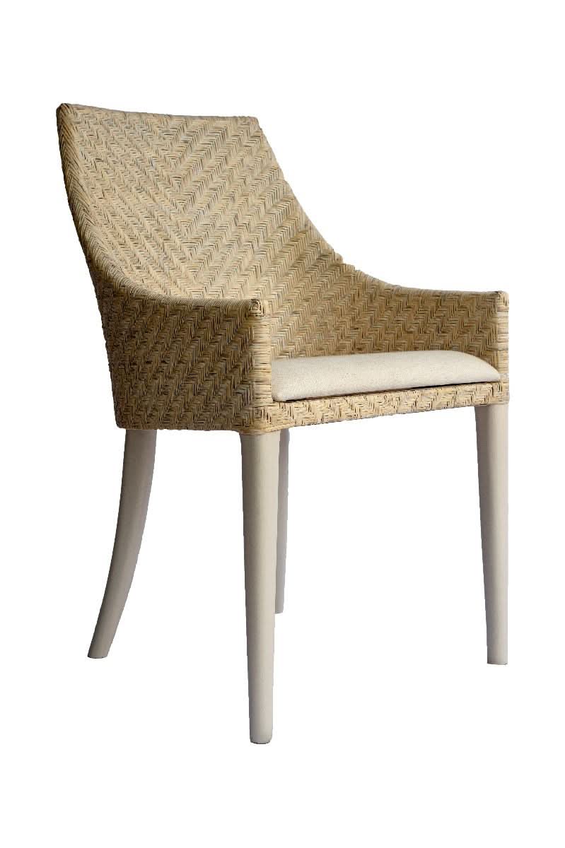 Lamar Rattan Armchair / Lounge Chair in Whitewash with Ivory Legs - Chocolate Wood