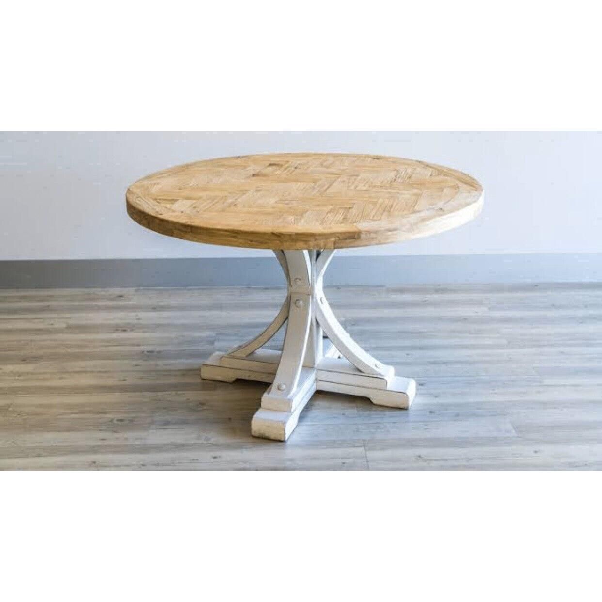 Gibraltar Hampton Style Round Herringbone Parquetry Dining Table, natural top with Distressed White base - Chocolate Wood