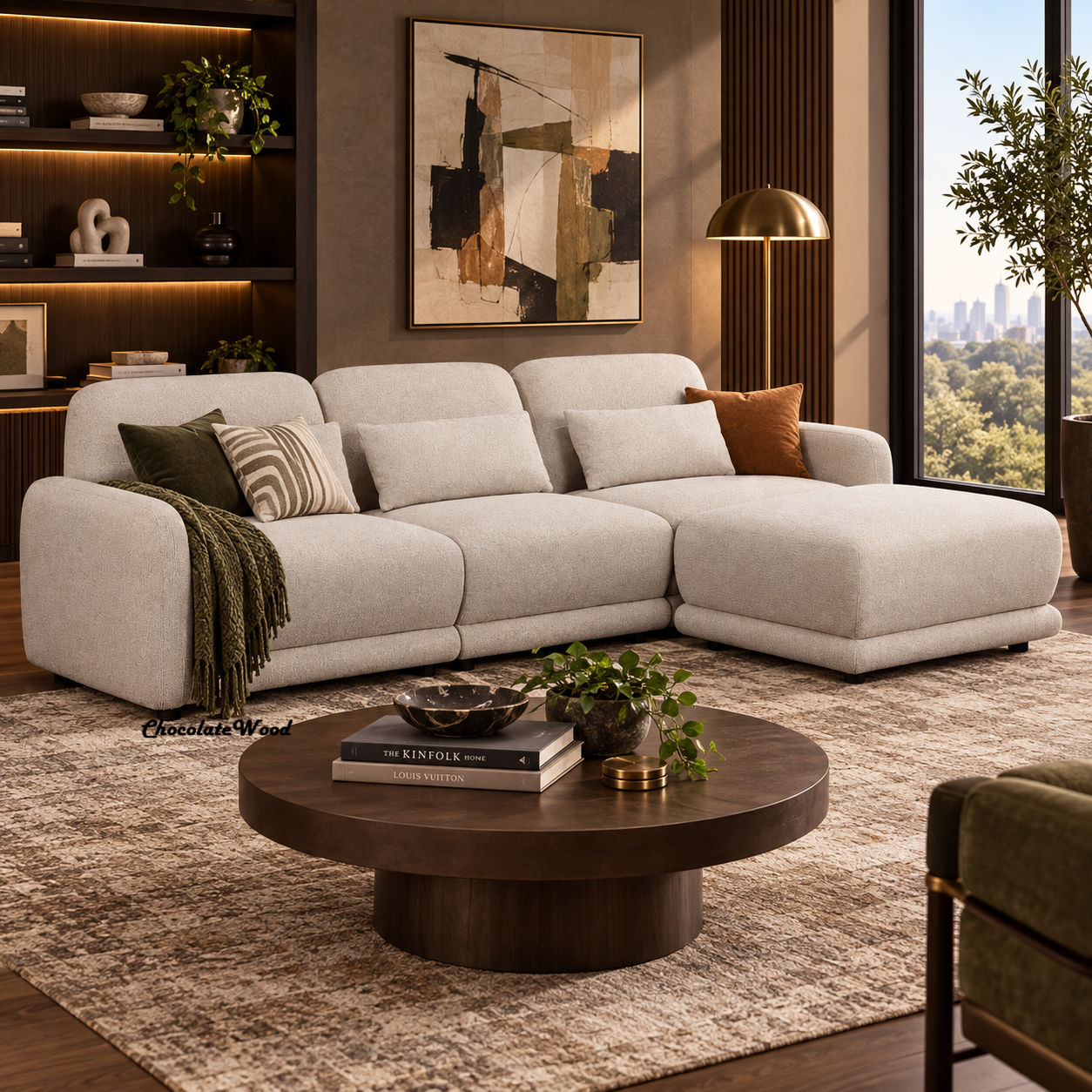 Nancy Fabric 3-Seater Modular Sofa w/Ottoman & 3 x Pillows - MyChocolateWood