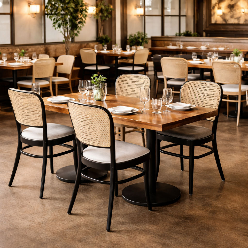 PHOENIX SOLID BEECHWOOD & RATTAN  DINING CHAIR WHITE LINEN FABRIC SEAT - MyChocolateWood