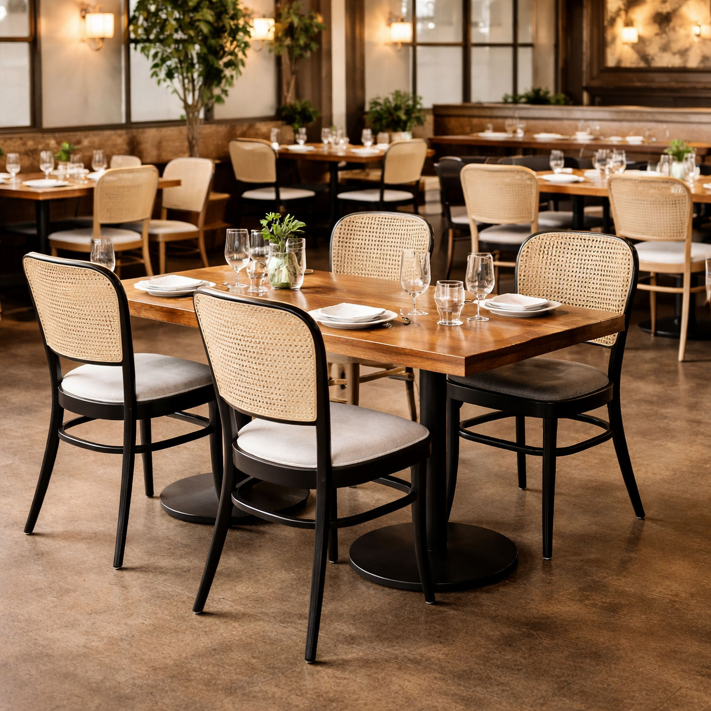 Phoenix Beechwood Dining Chair, Black Frame with White Linen Fabric Seat - Chocolate Wood