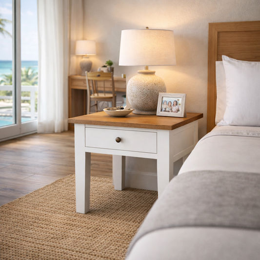 MERINE NATURAL OAK TOP/WHITE BASE 1-DRAWER SIDE TABLE/LAMP TABLE/BEDSIDE TABLE - MyChocolateWood