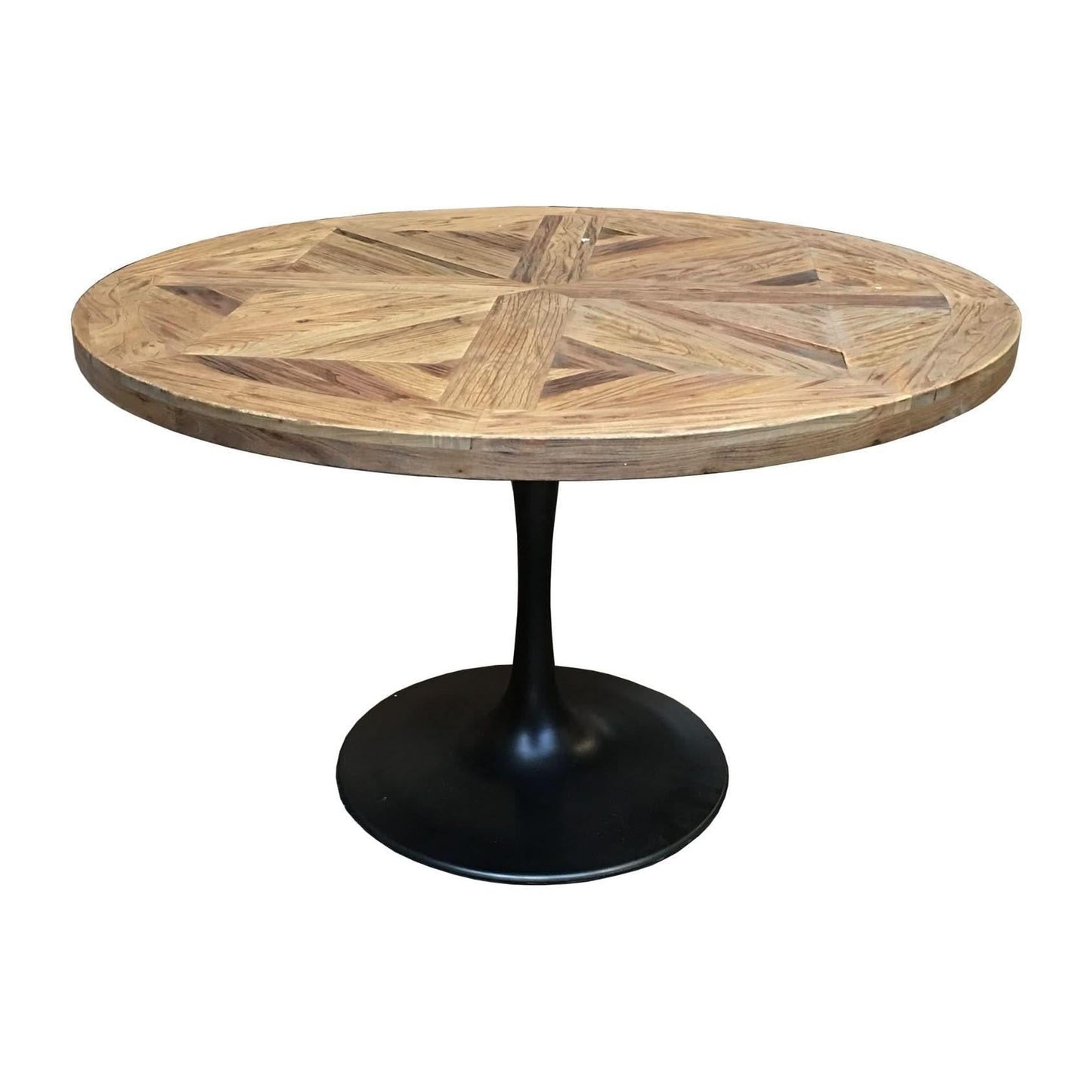 Quentin Round Parquetry Dining Table 140cm in Recycled Elm & Iron - Chocolate Wood