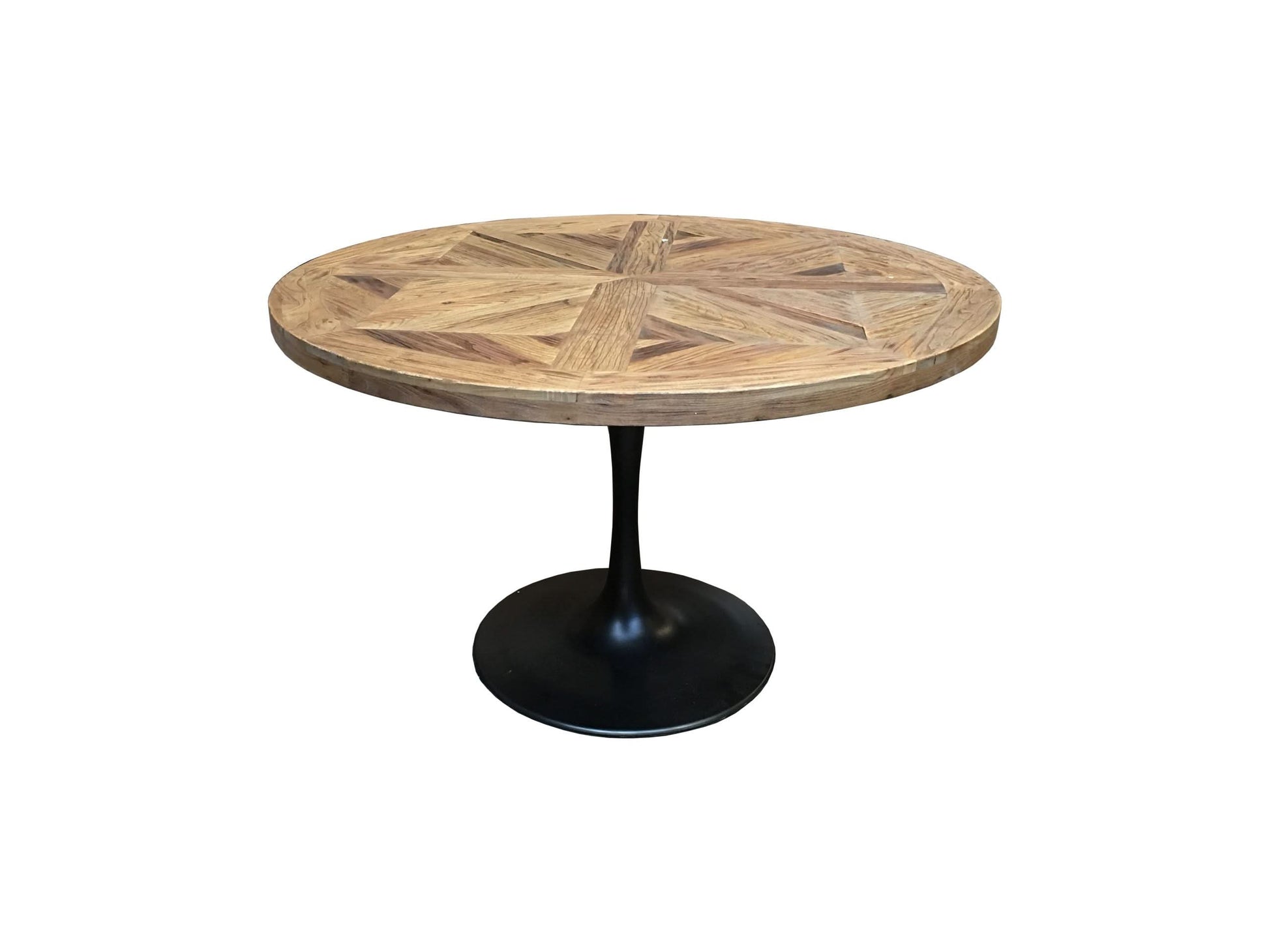 QUENTIN ROUND PARQUETRY COFFEE TABLE IN RECYCLED ELM & IRON - MyChocolateWood