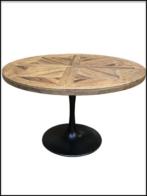 QUENTIN ROUND PARQUETRY COFFEE TABLE IN RECYCLED ELM & IRON - MyChocolateWood