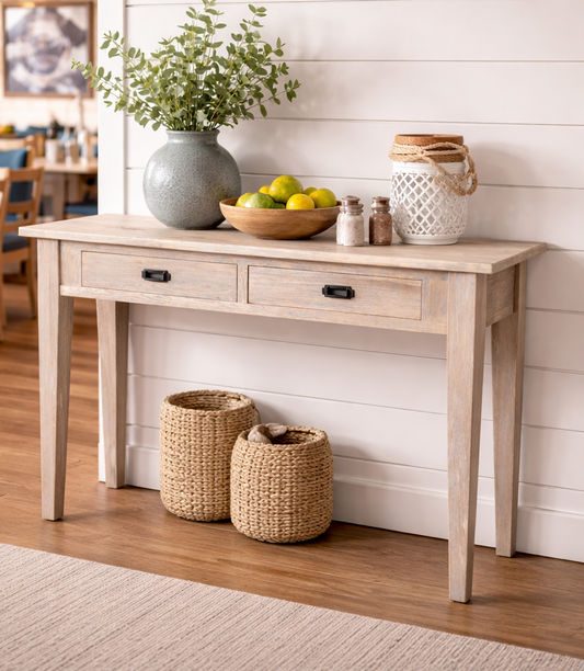 HAMPTON GREYWASHED 2-DRAWER OAK HALL TABLE CONSOLE 140CM - MyChocolateWood