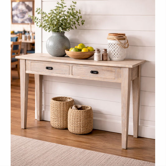 HAMPTON GREYWASHED 2-DRAWER OAK HALL TABLE CONSOLE 140CM - MyChocolateWood