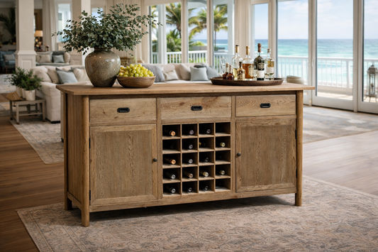 FITAN SOLID OAK SIDEBOARD/BUFFETW/ 20 BOTTLE WINE RACK 3 DRAWER 2-DOOR 180CM - MyChocolateWood