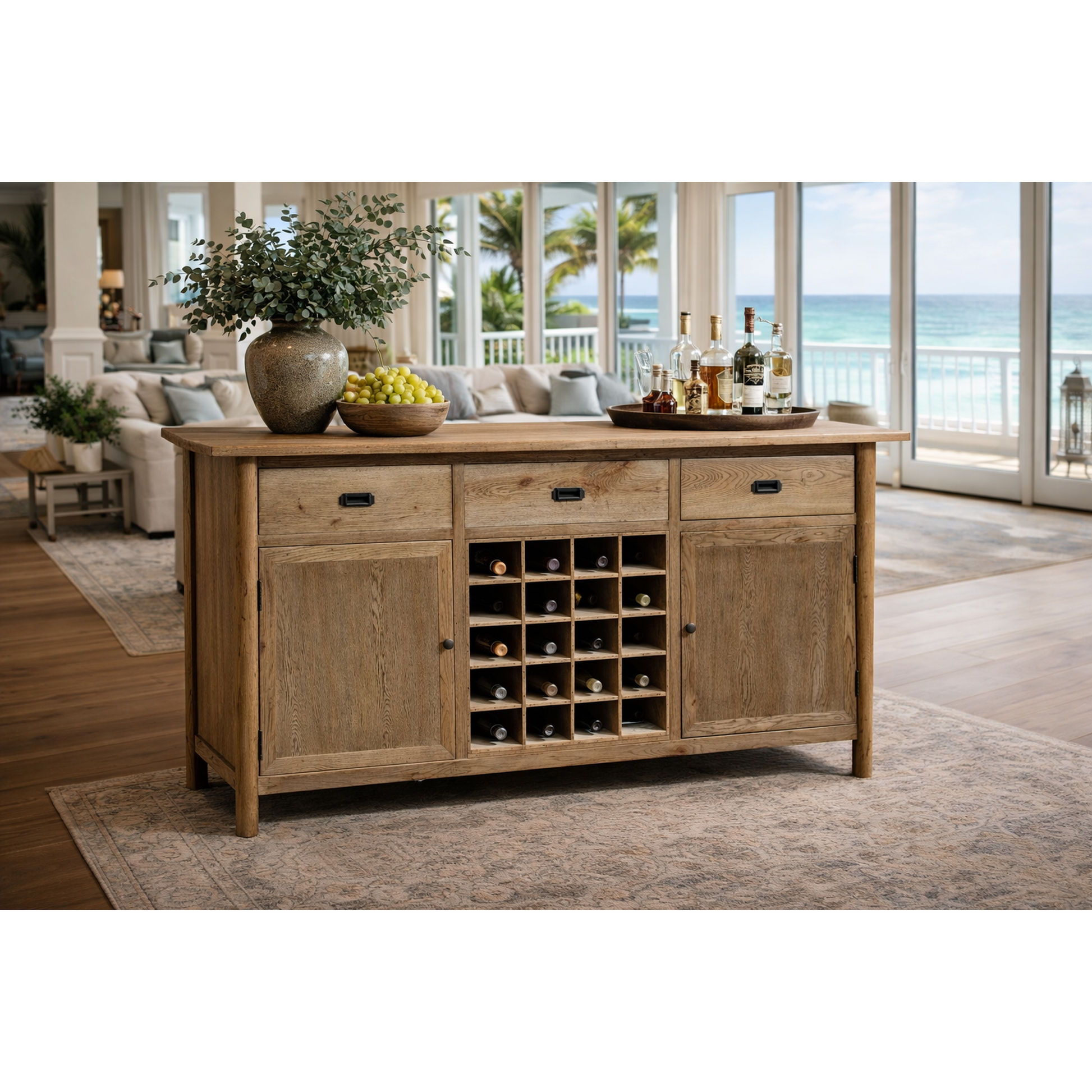 Fitan Solid Oak Sideboard / Buffet with 20 Bottle Wine Rack 180cm in Natural - Chocolate Wood