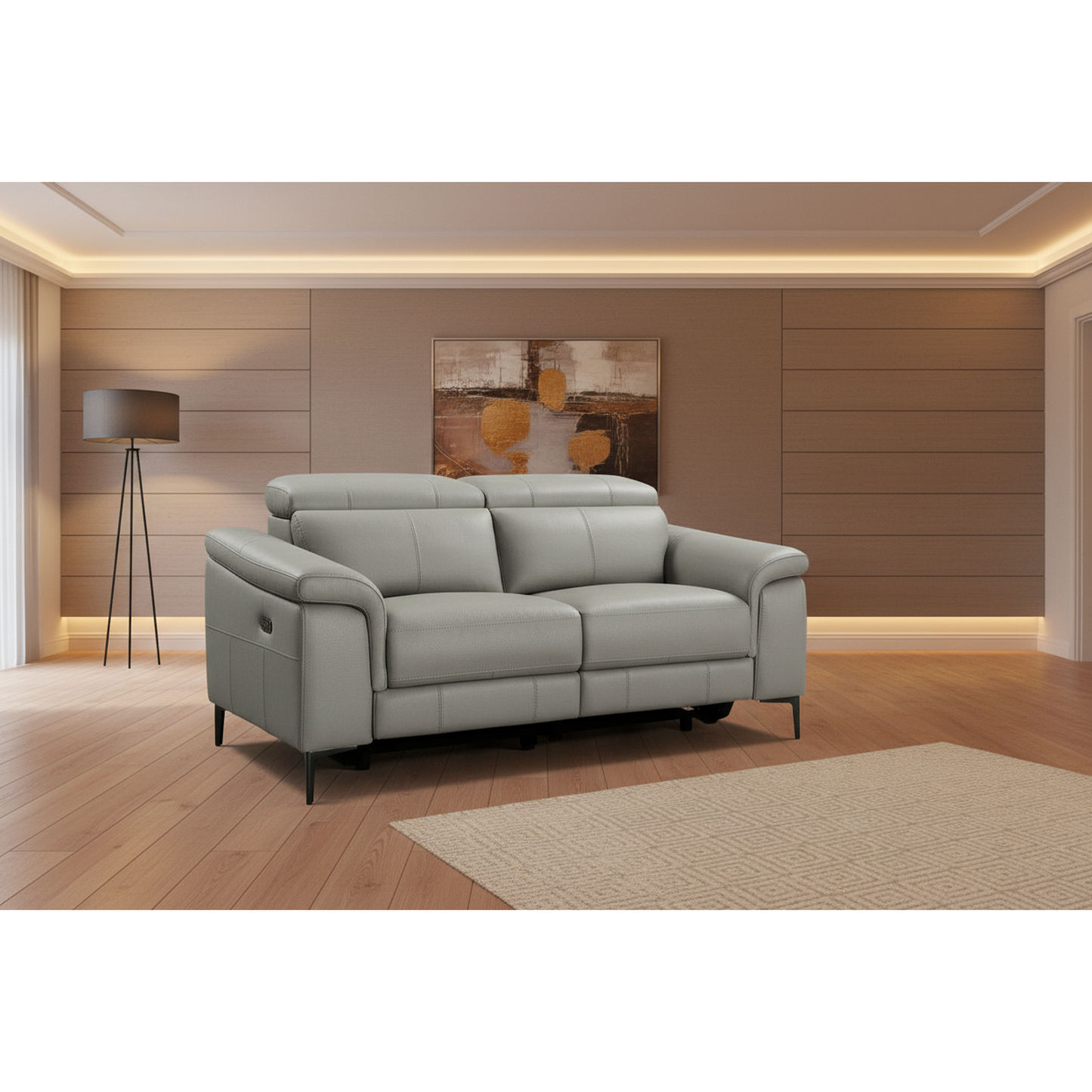 Brittas Leather 2-Seater Electric Recliner Sofa in Grey - Chocolate Wood