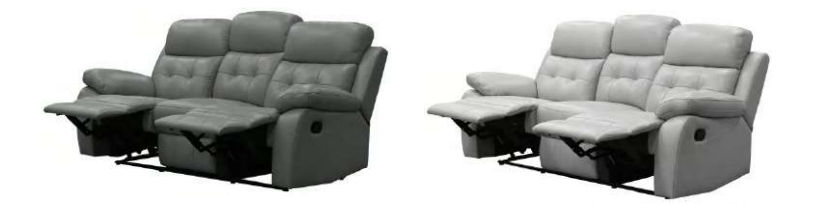 Gray leather recliner set with one 3-seater and two single recliners from MyChocolateWood, featuring plush cushioning and modern design.