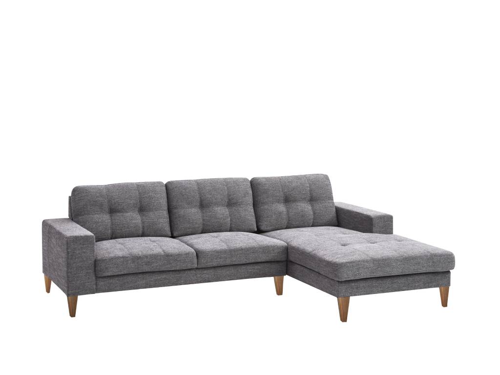 Liz Mid-Century Fabric 2-Seater with Right Hand Facing Chaise in Grey - Chocolate Wood
