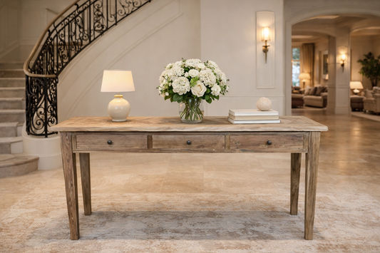 CASA RECYCLED ELM RUSTIC 3-DRAWER CONSOLE/HALL TABLE PARQUETRY TOP  180CM - MyChocolateWood