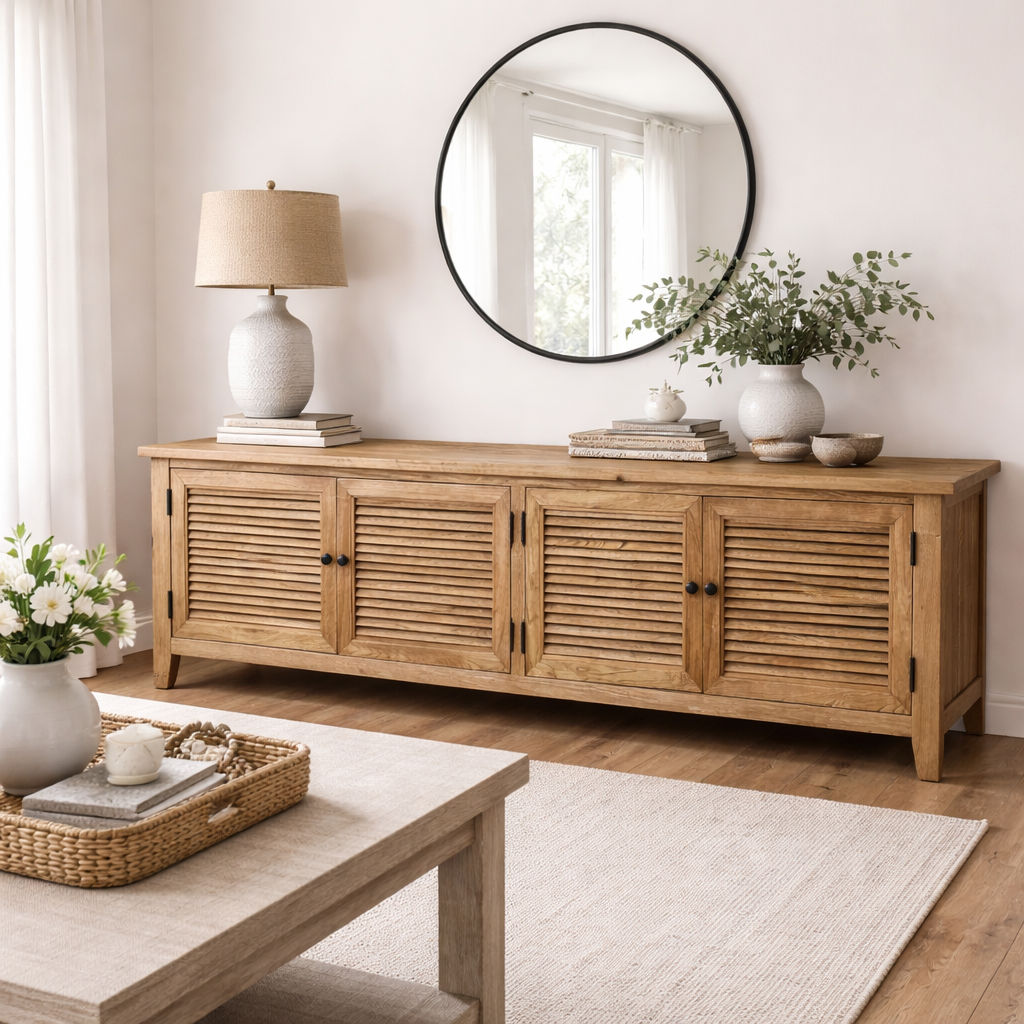 PALM BEACH LOUVRE STYLE TV/ENTERTAINMENT UNIT - 4 DOORS - SOLID OAK NATURAL - MyChocolateWood