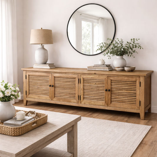 PALM BEACH LOUVRE STYLE TV/ENTERTAINMENT UNIT - 4 DOORS - SOLID OAK NATURAL - MyChocolateWood