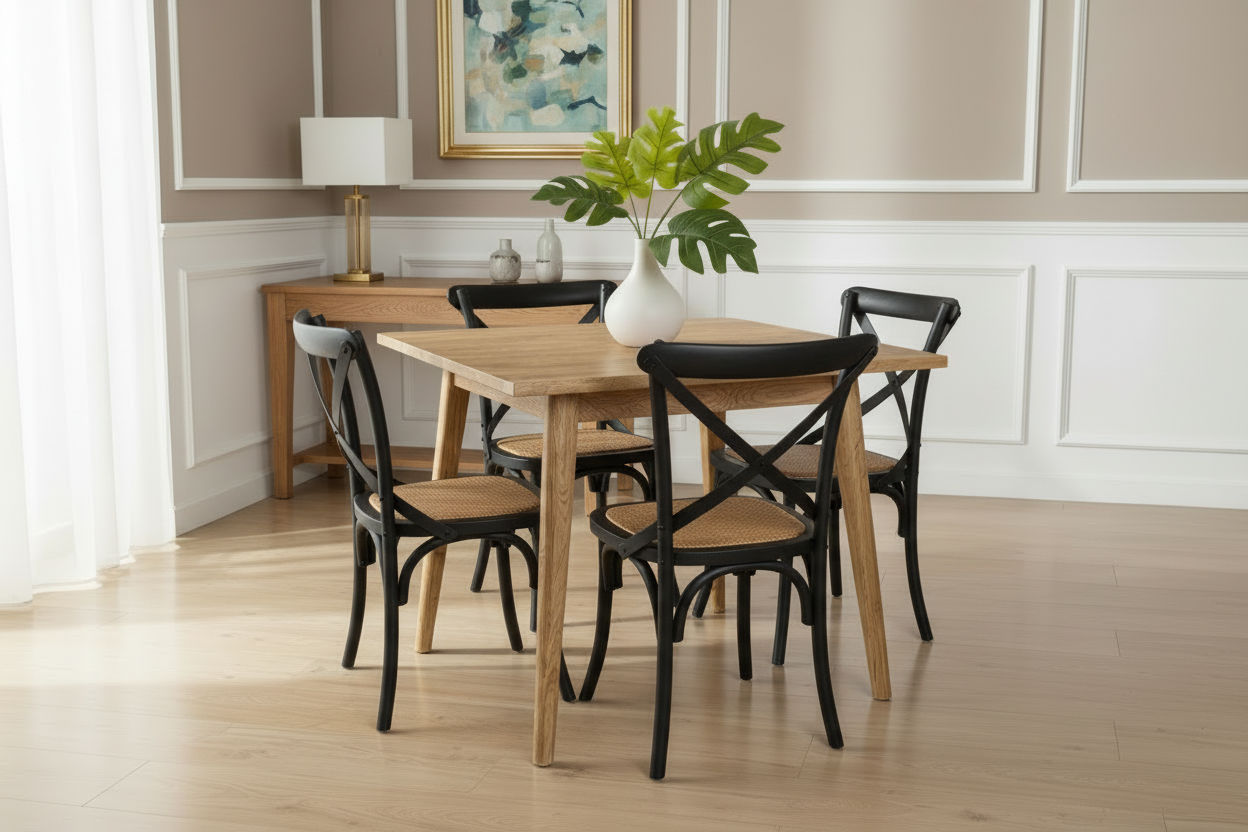 Fitan Solid Oak Square Dining Table with 4 Melrose Crossback Chairs in Black - Chocolate Wood
